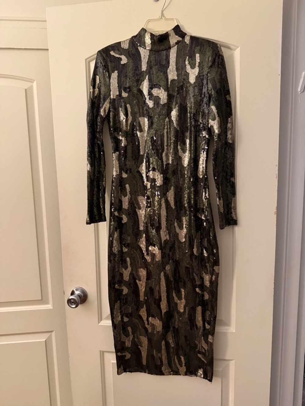 Zara Body Con Sequin Camo Long Sleeve Midi Dress - Black & Green and gold.